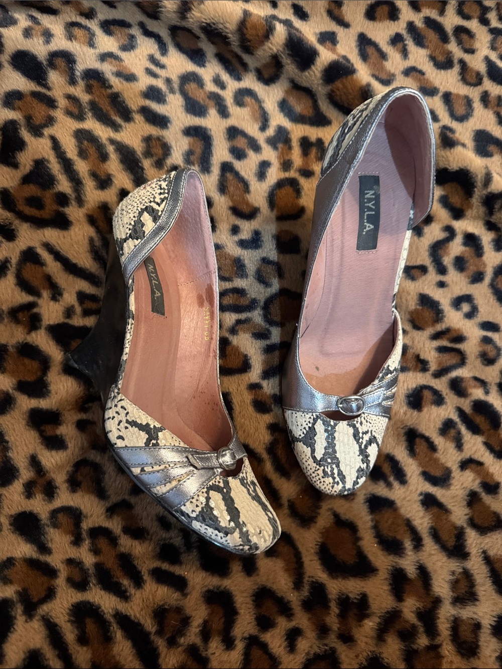 N.Y.L.A. Snake-Print Pumps in Black and White with Metallic Silver Trim